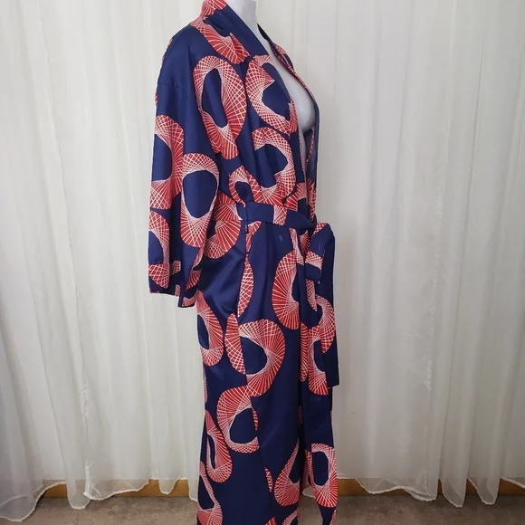 Vintage B. Cohen for Saks Fifth Avenue kimono robe blue red geometric pattern - Picture 8 of 13